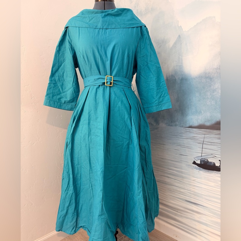 Teal Long-Sleeve Fit & Flare Midi Dress with Waist Belt #135 - Picture 2 of 8